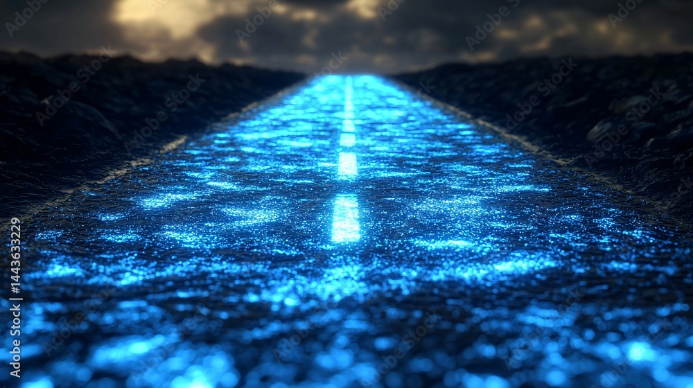 Poster a road with a beautiful sky background creating a serene scene featuring bio-luminescent elements in