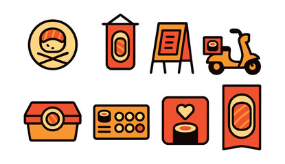 Flat vector icons of sushi shop branding: sushi bar logo, Japanese signage icon, menu board outside, delivery scooter with logo, sticker on sushi box, loyalty card with stamp, social media promo icon
