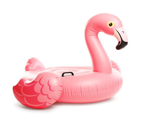 Pink inflatable flamingo shaped ring on white background