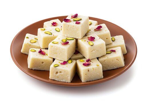 Milk cake squares on plate garnished with pistachio and rose petals isolated on white background