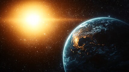 Fototapeta premium Stunning perspective of earth and the sun in a cosmic landscape highlighting the planet's vibrant colors against the expansive space background