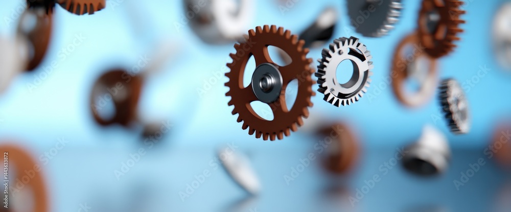 Poster floating gears engineering metal cogs machine mechanism precision parts