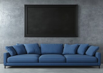 Modern Living Room with Blue Sofa and Empty Picture Frame