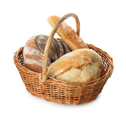 Different loaves of fresh bread in basket isolated on white