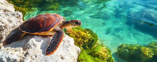Obraz premium Sea turtle resting on rocks near clear turquoise water