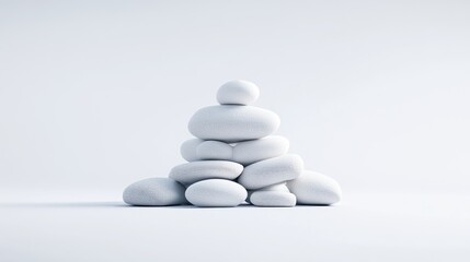 White Stones Stacked Minimalist Style High-Resolution Studio Lighting Center View Smooth Texture Balanced Arrangement White Background Serene Mood Ideal for Wellness Ads