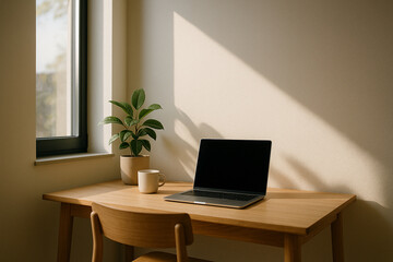 Fototapeta premium Modern Home Office with Laptop and Coffee