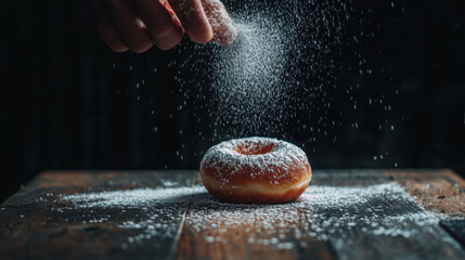 Baker Sprinkles Powdered Sugar on Sweet Donuts: Delicious Treat on Black Background

