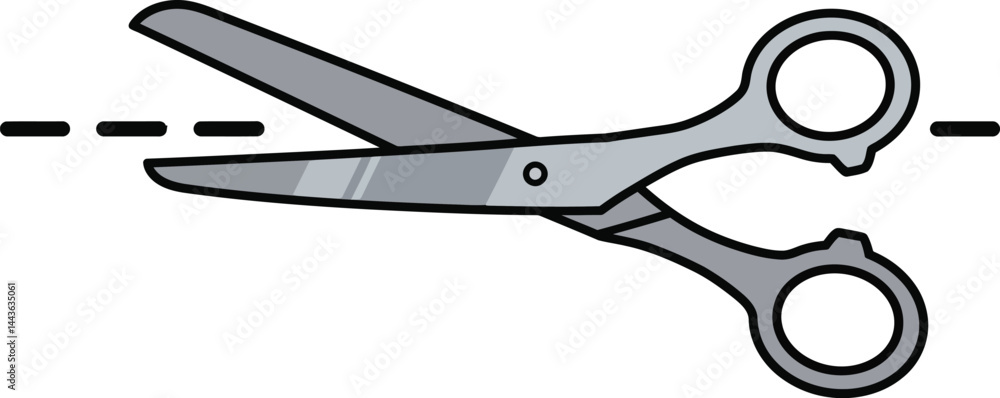 Poster Scissors cutting along dashed line vector illustration in simple style with grey handles and blades 