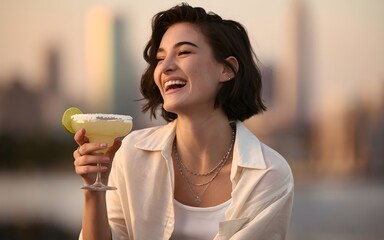 Joyful Woman enjoying a refreshing margarita cocktail with a city view