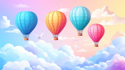 Fototapeta premium Colorful hot air balloons floating in a pastel sky with clouds