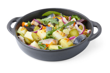 Delicious salad with herring, vegetables and mustard in bowl isolated on white