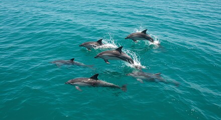 Obraz premium Dolphins Swimming and Jumping in Open Blue Ocean Water