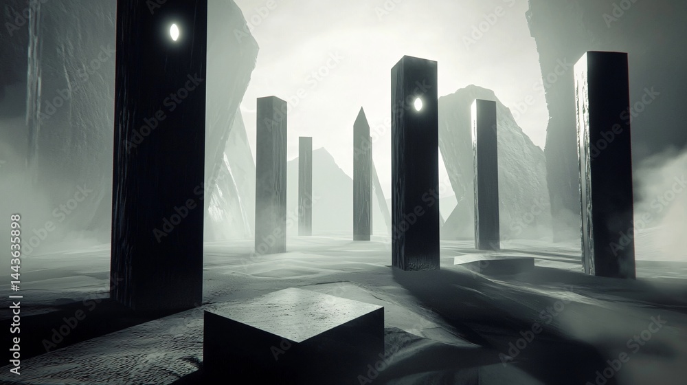 Poster dark and fog-filled cityscape with multidimensional doorways and ambient light creating a mysterious