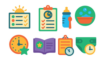 Flat vector icons of daily routines: morning routine chart, bedtime checklist, feeding time icon, bath time symbol, playtime schedule badge, story time book, nap schedule board, diaper change timer.