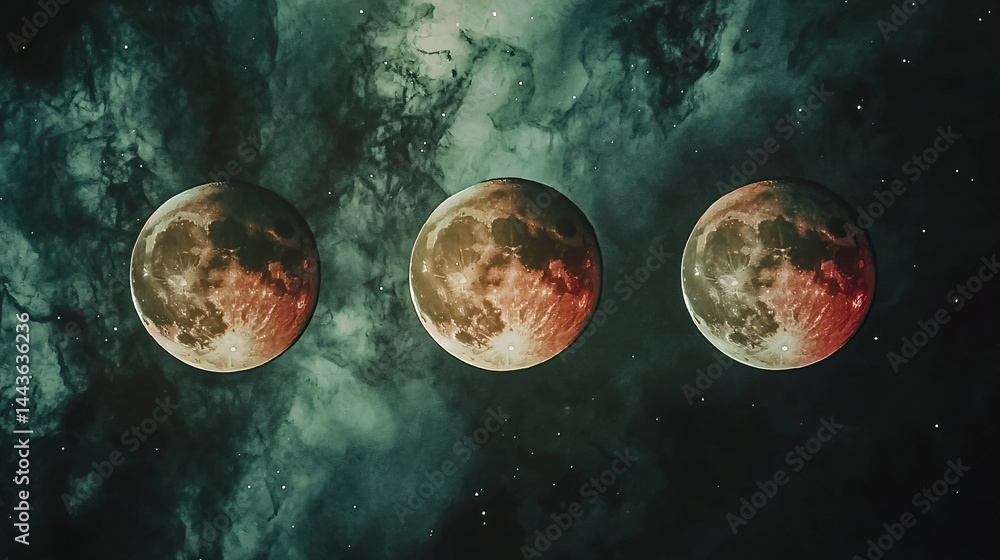 Poster three distinct phases of the moon captured in deep space displaying a moody shadow play against a da