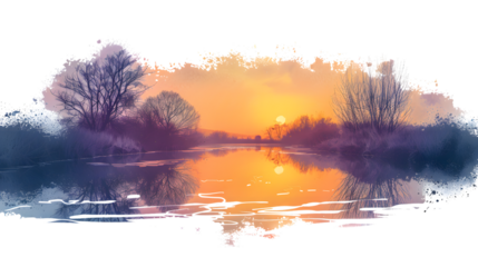 Scenic Spring Sunset Captured over Isolated Wild River Banks