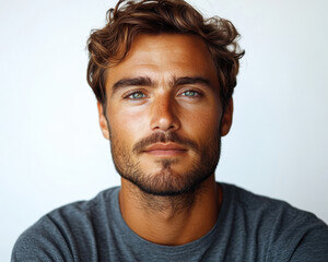 Fototapeta premium portrait of a man with short hair and beard, isolated on white background, intense gaze, wearing grey t-shirt, front view