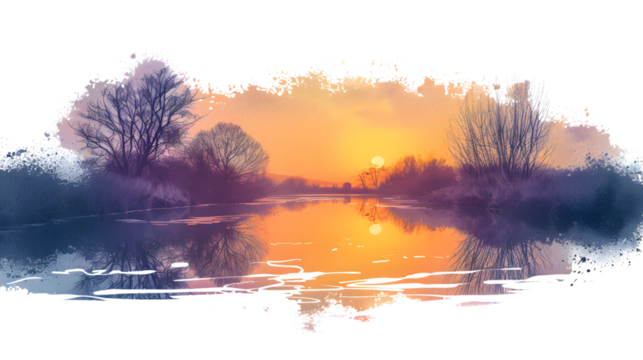 Scenic Spring Sunset Captured over Isolated Wild River Banks