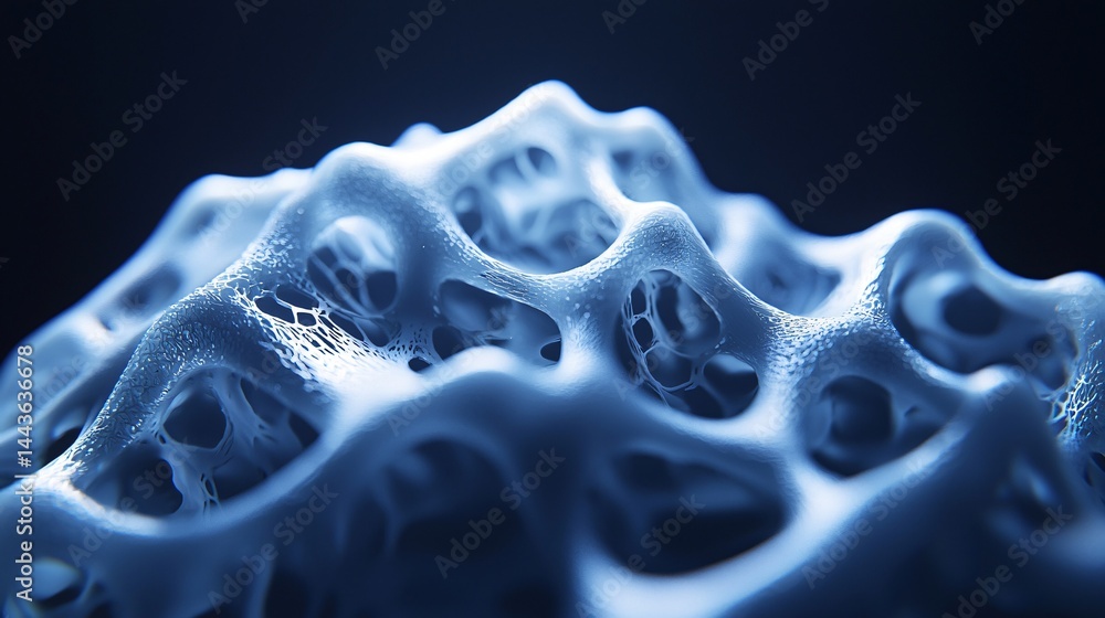Poster striking blue and white object with abstract shapes highlighted by volumetric lighting creating a un