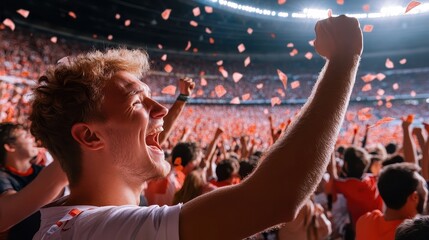 Euphoric Fan Celebrates Victory Amidst Confetti and Roaring Crowd in Stadium