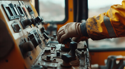 Naklejka premium Operator's Hand on Control Panel in Industrial Vehicle