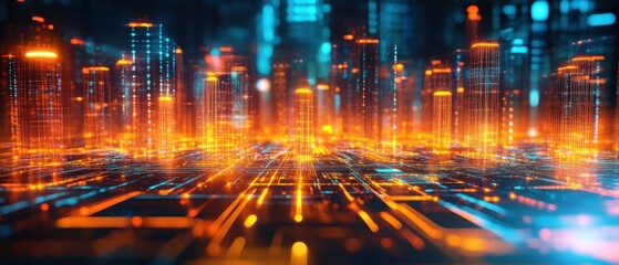 A vibrant digital cityscape with glowing structures and abstract lighting effects.