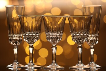 Many clean glasses on glass mirror surface against blurred lights. Bokeh effect