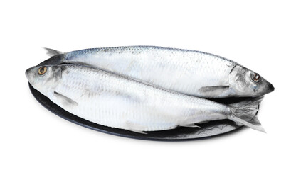 Two tasty salted herrings on white background