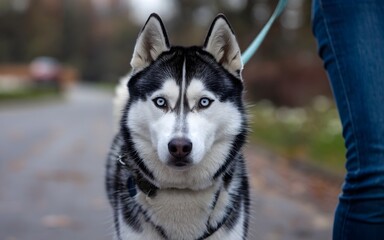 A captivating husky dog with striking blue eyes being walked. The dog has a beautiful coat and focused expression. It is being held by the leash