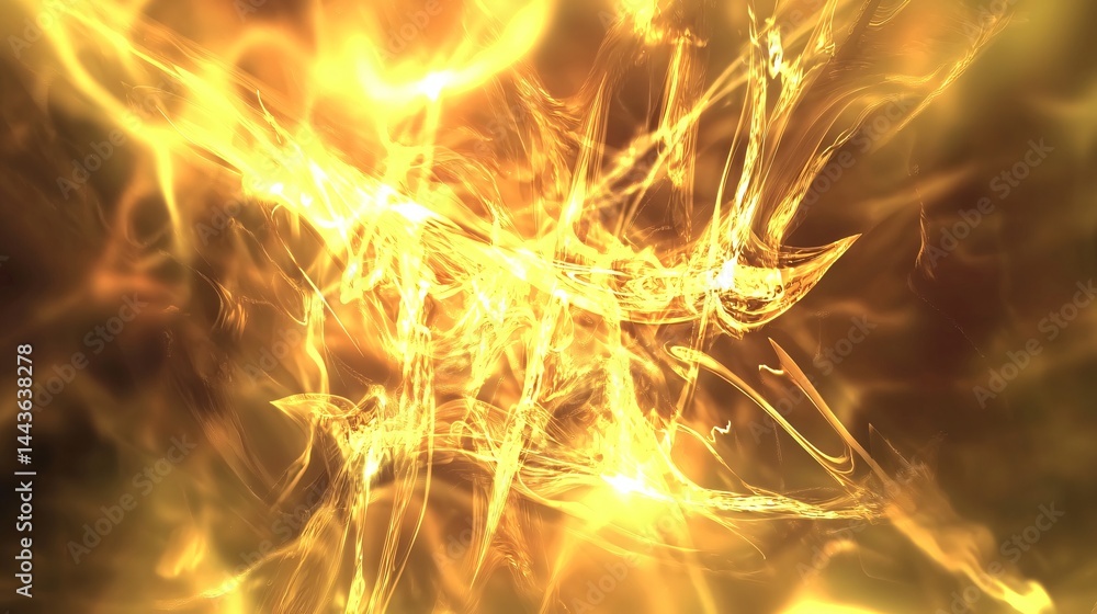 Poster fiery abstract art depicting bright yellow flames with unpredictable formations in a soft light envi
