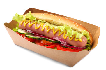 Tasty hot dog with vegetables isolated on white