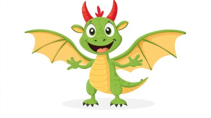 Fototapeta premium Cute green dragon with outstretched wings. Friendly, cartoon character