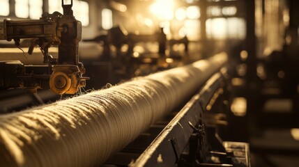 Close-up of a large spool of yarn on an antique textile loom in a factory setting, sunlit.