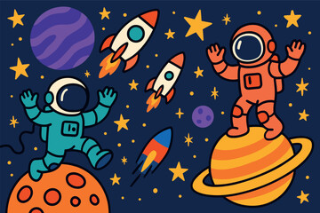 Two astronauts are on a planet with a rocket in the background