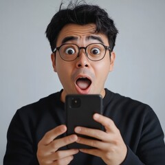 Surprised Man with Open Mouth Looking at Smartphone, Close up Portrait