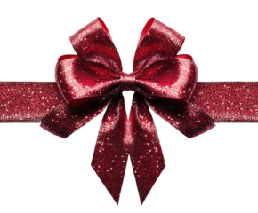 Gift wrapping action decorative red bow on sparkling ribbon isolated on transparent background