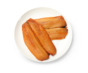 Delicious smoked herring fillets isolated on white, top view