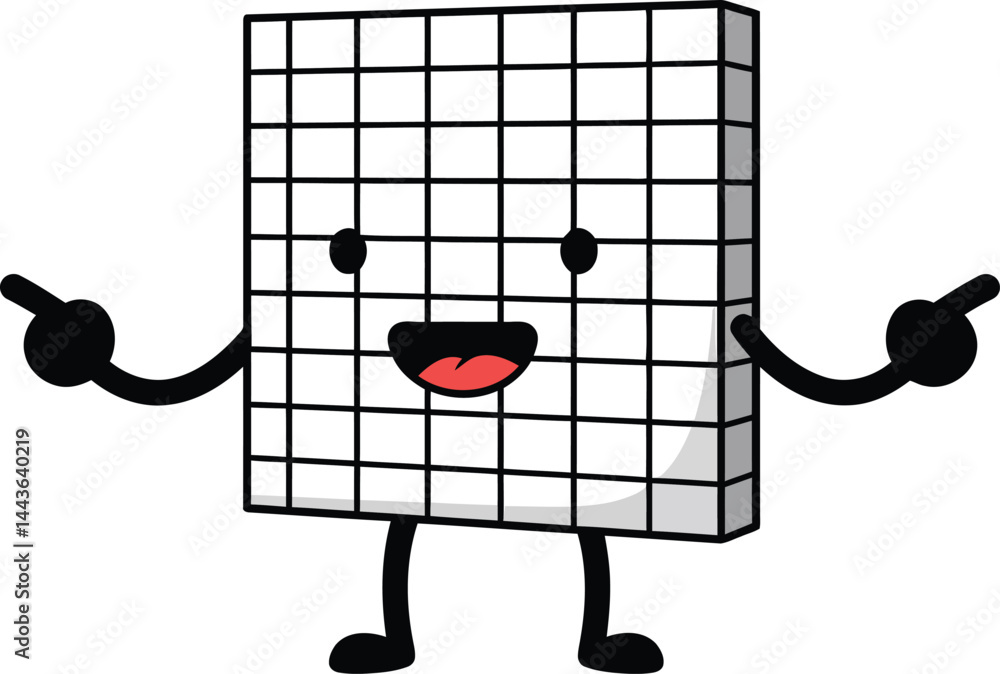 Poster cartoon grid cube character with smiling face and pointing arms vector illustration