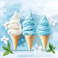 Delicious vanilla and blue ice cream cones with flowers and leaves
