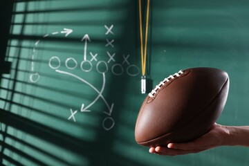 Man holding American football ball near chalkboard with scheme of game, closeup