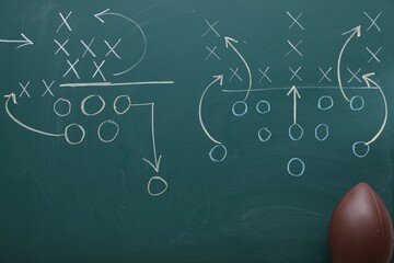 American football ball near chalkboard with scheme of game