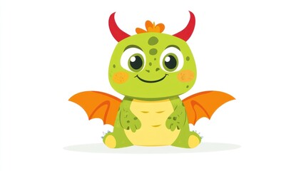 Fototapeta premium Cute little dragon character. Friendly, cartoonish, and adorable. Features large eyes, a smile, and small horns. Vibrant colours of green, orange, and red. Perfect for kids' art or merchandise