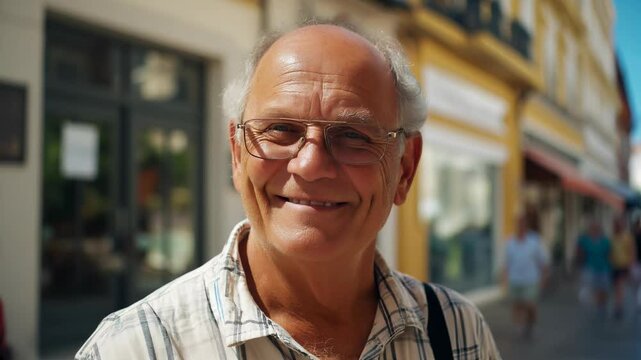 Smiling senior man looking at the camera at an European city in summer