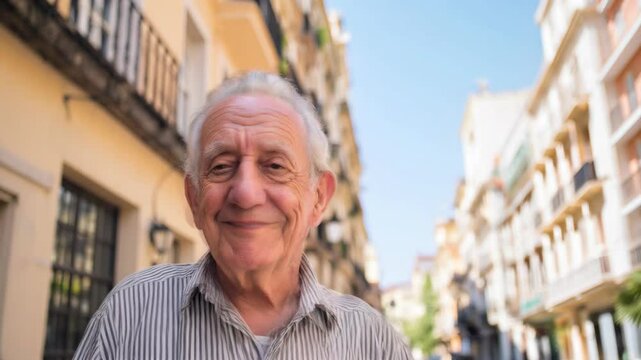  Smiling senior man looking at the camera at an European city in summer
