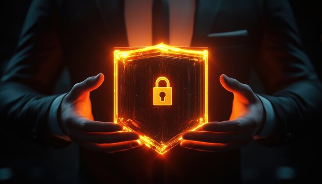Businessman Holding Glowing Security Shield With Lock: Symbolizing Data Protection, Cybersecurity, And Encryption On Systems.