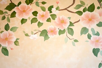 Elegant peach blossoms on branches with green leaves against soft background