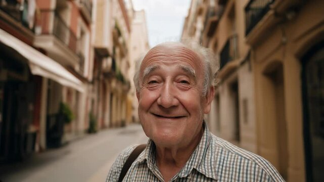  Smiling senior man looking at the camera at an European city in summer