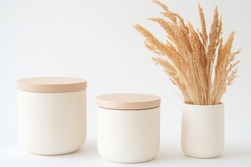 Functional decor setup featuring minimalist storage containers and dried plants