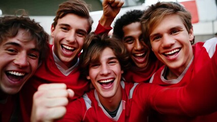 Group of young male soccer players celebrating victory
